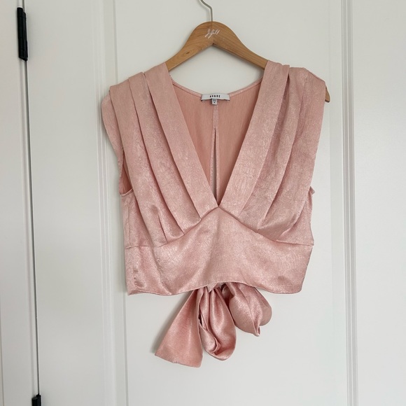 Ro & De Tops - Ro & De Pink Sleeveless V Neck Silk Crop Blouse with Tie Back Medium